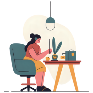 woman sitting at desk with plant