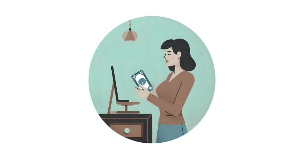woman at laptop holding cash